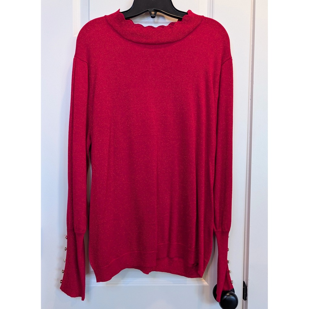 Joseph A Metallic Scalloped Mock Neck Sweater Poinsettia Red